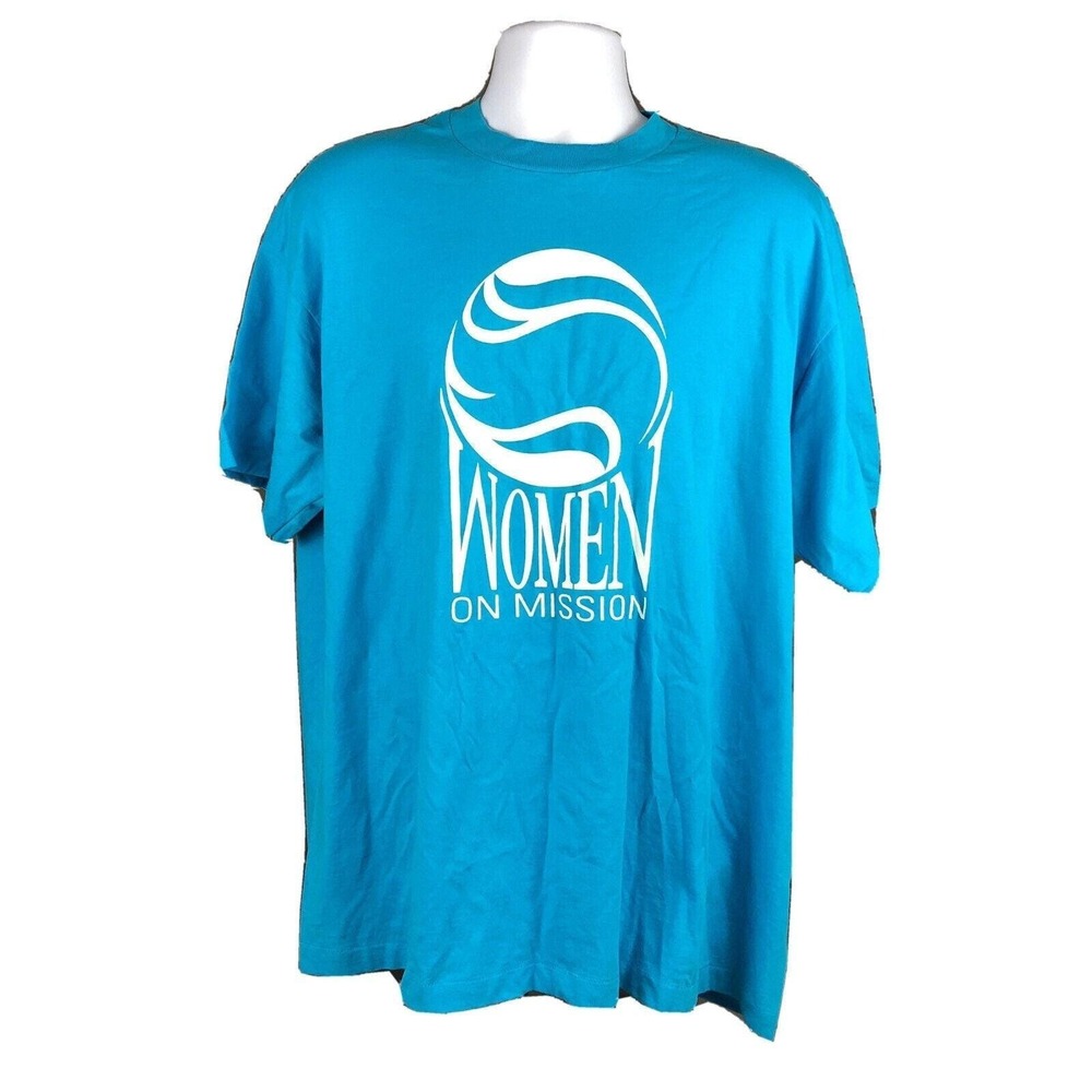 BEST Fruit of The Loom Vintage 90s T-Shirt Size‎ XXL Women On Mission Light Blue